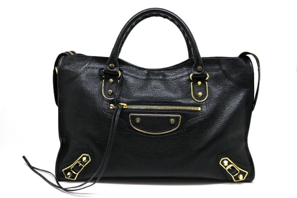 Balenciaga Bag Handbag Shoulder Metallic City Leather Black Gold